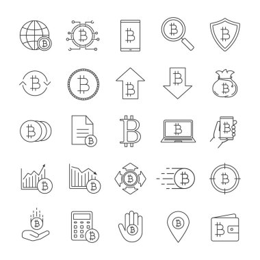 Bitcoin doğrusal Icons set. Cryptocurrency. Dijital ödeme sistemi. İnce çizgi kontur sembolleri. İzole vektör anahat çizimler