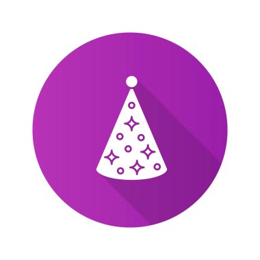 Doğum günü şapkası düz tasarım uzun gölge glif simgesi. Parti koni. Vektör siluet çizimi