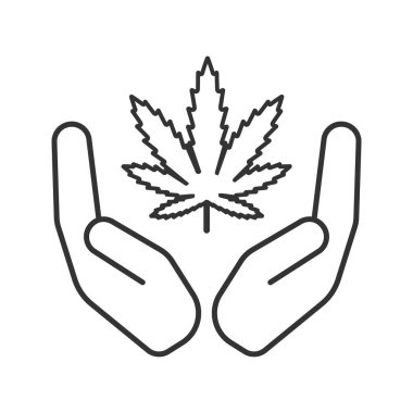 Marihuana yaprağı doğrusal simgesi olan açık avuç içi. Yasallaştırma esrar. İnce hat illüstrasyon. Narkotik koruma. Kontur sembolü. Çizim vektör izole anahat