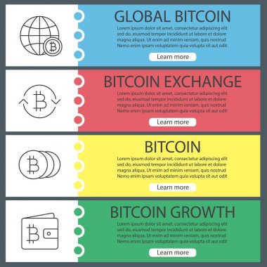 Bitcoin web afiş şablonları ayarlayın. Küresel bitcoin, Döviz, m-cüzdan. Web sitesi renk menü öğeleri ile doğrusal kutsal kişilerin resmi. Vektör üstbilgileri kavramları tasarım