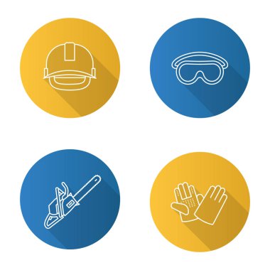 İnşaat araçları düz doğrusal uzun gölge Icons set. Endüstriyel emniyet kask, gözlük, chainsaw, inşaat eldiven. Vektör anahat çizim