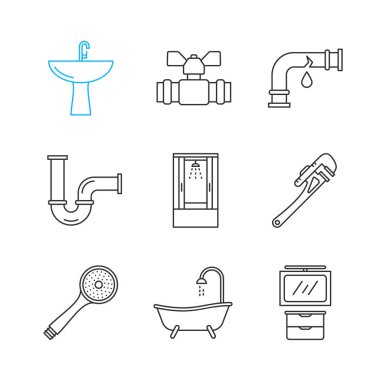 Doğrusal simgeler sıhhi tesisat ayarlayın. Kırık nargile, lavabo, Vana, banyo dolabında, İngiliz anahtarı, duş başlığı ve kabin, küvet. İnce çizgi kontur sembolleri. İzole vektör anahat çizimler