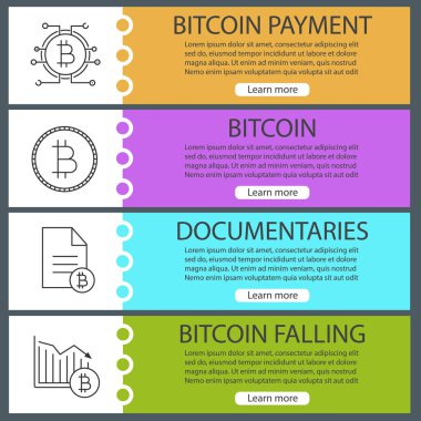 Bitcoin web afiş şablonları ayarlayın. Bitcoin ödeme, belge, düşüyor. Web sitesi renk menü öğeleri ile doğrusal kutsal kişilerin resmi. Vektör üstbilgileri kavramları tasarım