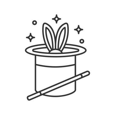 Tavşan şapka ve sihirli değnek doğrusal simgesi. İnce hat illüstrasyon. Sihir numarası. Kontur sembolü. Çizim vektör izole anahat