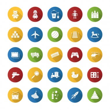 Çocuklar oyuncakları düz tasarım uzun gölge glif simgeler kümesi. Eğitsel Oyunlar. Çocuk eğlence. Vektör siluet çizimi