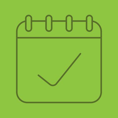 Onay işareti doğrusal simgesi olan takvim sayfası. Günü programı tamamlandı. Bir not alın. İnce çizgi seviyelendirme simgelerini renkli arka plan üzerinde. Vektör çizim