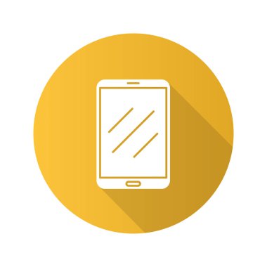 Tablet bilgisayar düz tasarım uzun gölge glif simgesi. Vektör siluet çizimi