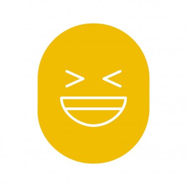 Gülümseme glif renk simgesi gülüyor. Beyaz zemin üzerine siluet simge. Geniş bir gülümseme ve sıkıca kapalı gözleri gülen surat. Negatif alan. Vektör çizim