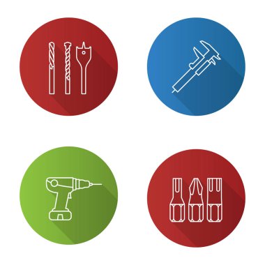 İnşaat araçları düz doğrusal uzun gölge Icons set. Tornavida parçaları, slayt ölçer, matkap. Vektör anahat çizim