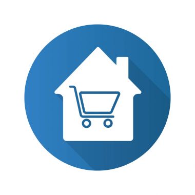 Ev eşyaları düz tasarım uzun gölge glif simgesi saklayın. Alışveriş arabası içinde ev. Mülk satın. Vektör siluet çizimi