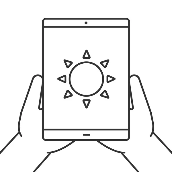 Χέρια Που Κρατούν Γραμμική Εικονίδιο Υπολογιστή Tablet Πρόγνωση Καιρού Λεπτή — Διανυσματικό Αρχείο