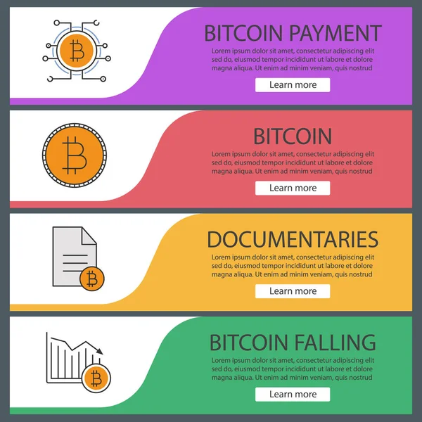 Bitcoin web afiş şablonları ayarlayın. Bitcoin ödeme, belge, düşüyor. Web sitesi renk menü öğeleri. Vektör üstbilgileri kavramları tasarım