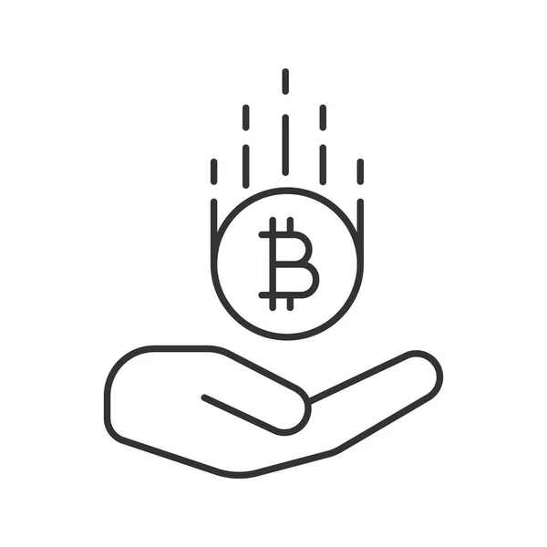 Mano Abierta Con Icono Lineal Bitcoin Criptomoneda Ilustración Línea Delgada — Vector de stock