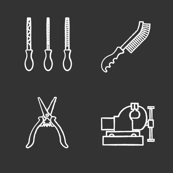 Construction Tools Chalk Icons Set Metal Files Wire Brush Bench — Stock Vector