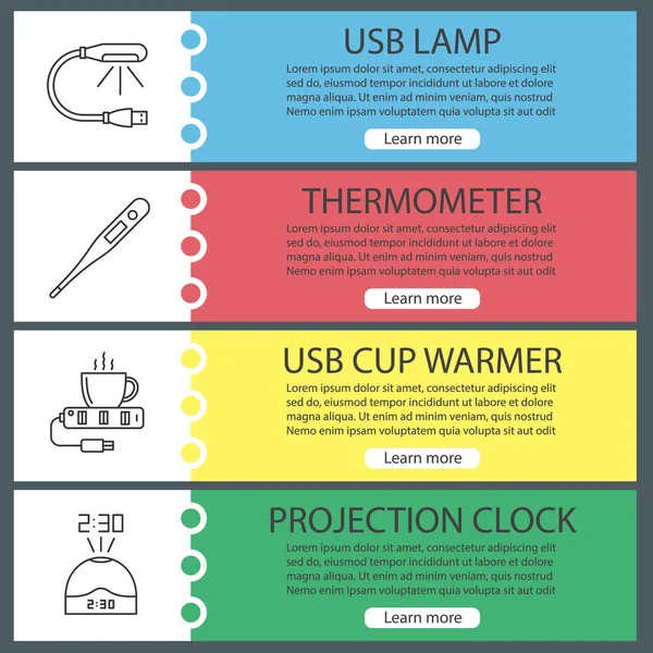 Gadgets Web Banner Sjablonen Set Lamp Van Usb Cup Warmer — Stockvector