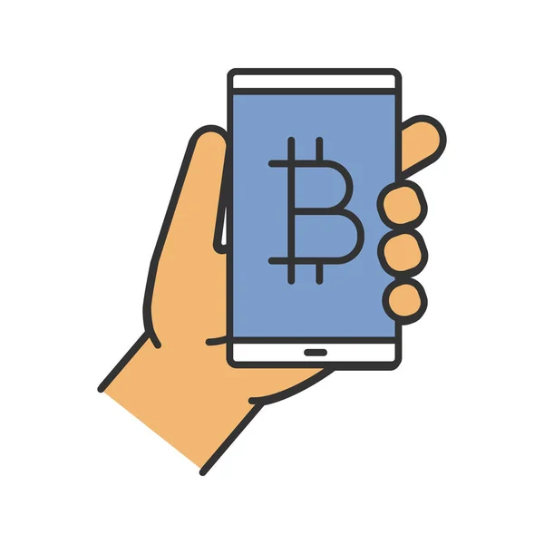 Bitcoin Digital Wallet Color Icon Hand Holding Smartphone Bitcoin Sign — Stock Vector