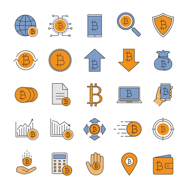 Bitcoin renk simgeler kümesi. Cryptocurrency. Dijital ödeme sistemi. İzole vektör çizimler