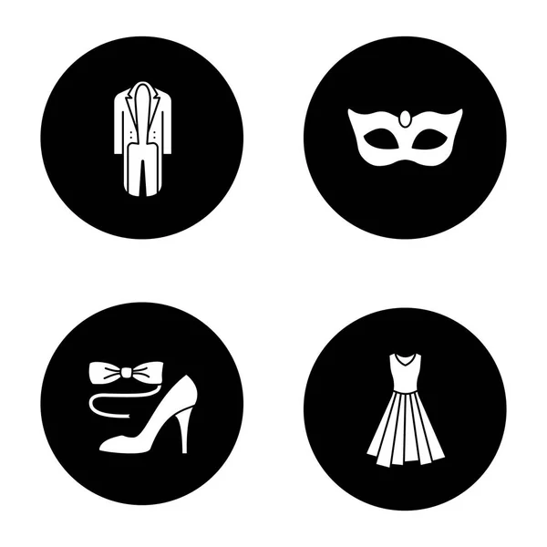党的衣服字形图标设置 燕尾服 晚礼服 领结和高跟鞋 狂欢节面具 黑色圆圈中的矢量白色剪影插图 — 图库矢量图片
