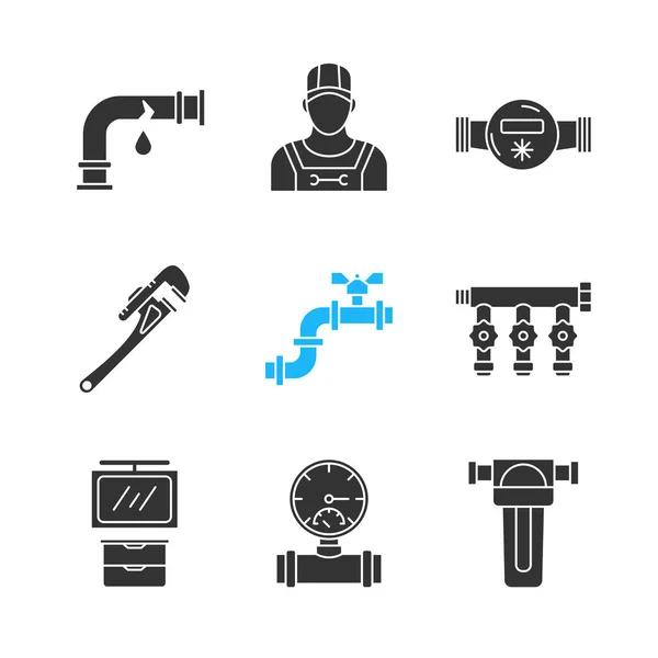 Plumbing Glyph Icons Set Broken Pipe Plumber Water Meter Filter — Stock Vector