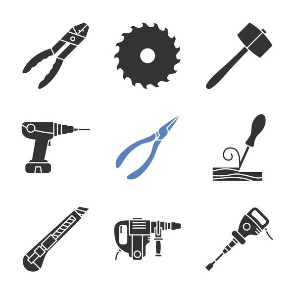 Bauwerkzeuge Glyphen Symbole Gesetzt Kombizange Kreissägeblatt Bohrmaschine Holzmeißel Schreibwarenmesser Perforator — Stockvektor