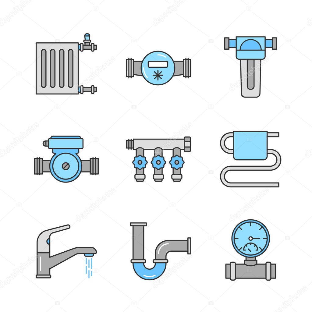 Plumbing color icons set. Radiator, water meter, pump and filter, pressure gauge, manifold tap, towel rail, faucet, pipe. Isolated vector illustrations
