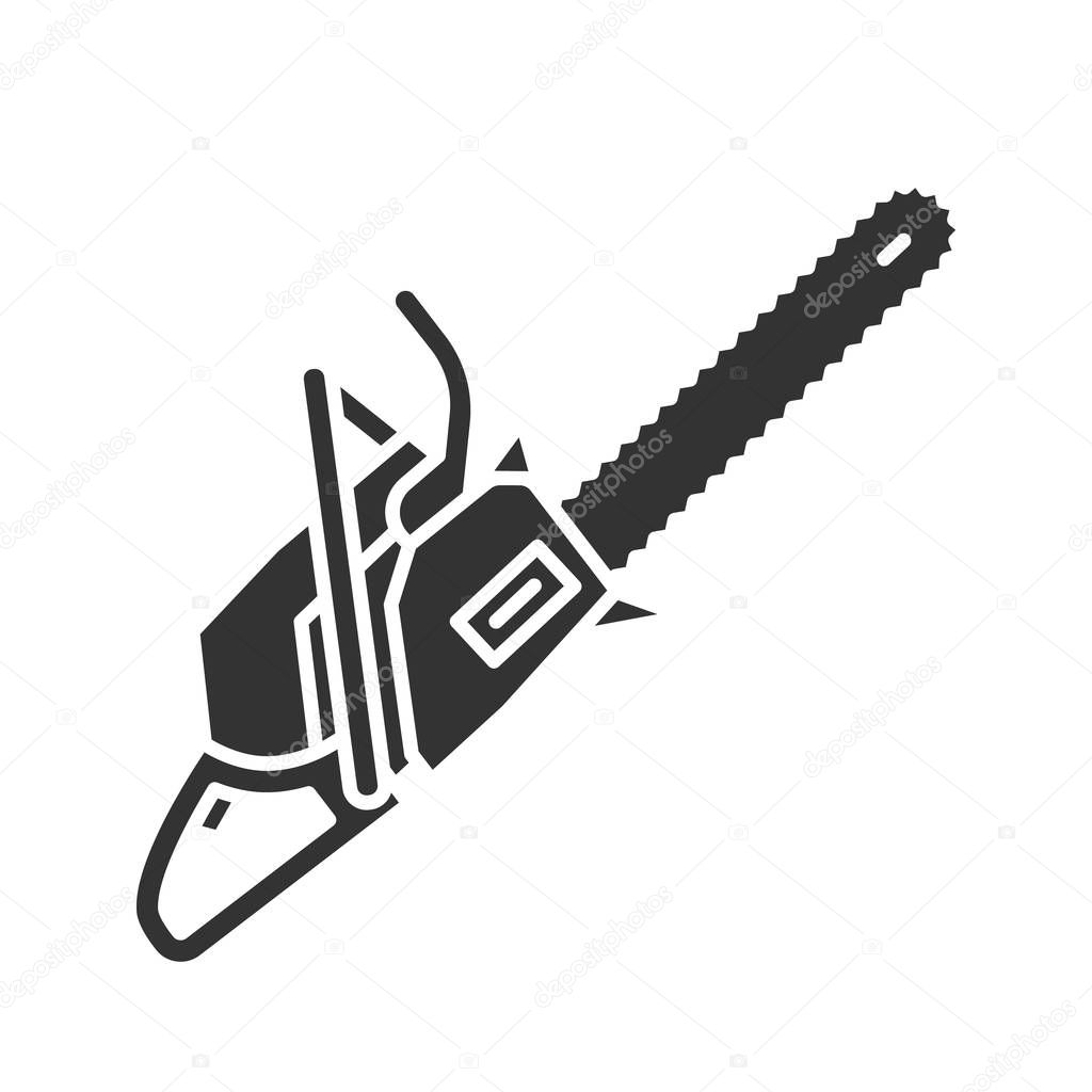 Chainsaw glyph icon. Silhouette symbol. Petrol-driven power chainsaw. Negative space. Vector isolated illustration