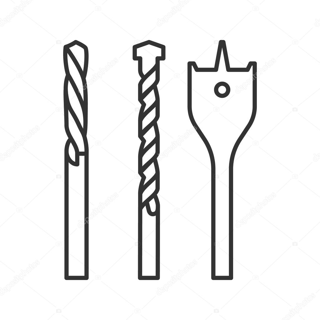 Drill bits linear icon. Thin line illustration. Contour symbol. Vector isolated outline drawing