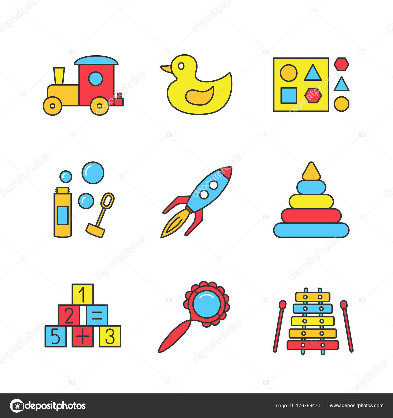 Set di icone di colori giocattoli per bambini Treno anatra di gomma giocattolo del sorter di forma bolle di sapone razzo piramide blocchi matematici