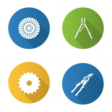 İnşaat araçları düz tasarım uzun gölge glif Icons set. Daire blade, Kıvırcıklaştırma aracı, aşındırıcı flep tekerlek, teneke snips gördüm. Vektör siluet çizimi