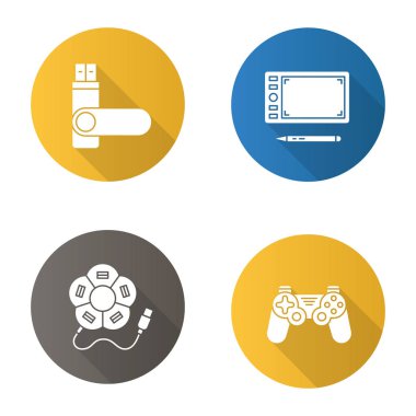 Becerikli alet düz uzun gölge glif Icons set dizayn. USB hub'ına, bellek sopa, gamepad, grafik tablet. Vektör siluet çizimi