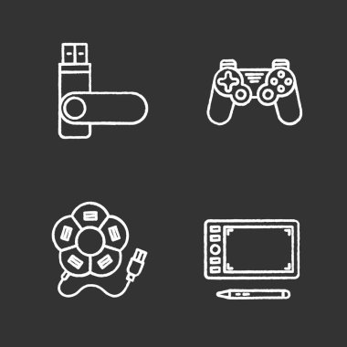 Becerikli alet Icons set tebeşir. USB hub'ına, bellek sopa, gamepad, grafik tablet. İzole vektör kara tahta çizimler