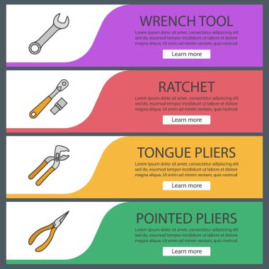 Afiş şablonlar kümesi web inşaat araçları. Anahtar, kilit, dil ve sivri uçlu pense. Web sitesi renk menü öğeleri. Vektör üstbilgileri kavramları tasarım