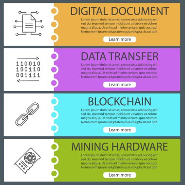 Cryptocurrency web afiş şablonları ayarlayın. Dijital belge, veri transferi, blockchain ve araştırma donanım. Web sitesi menü öğeleri ile doğrusal kutsal kişilerin resmi. Vektör üstbilgileri kavramları tasarım