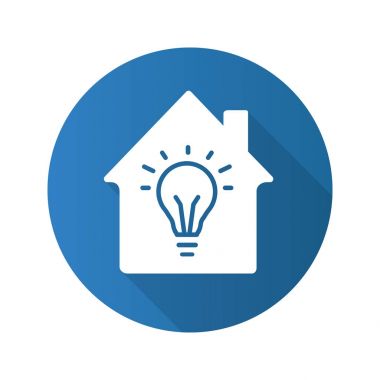 Ev elektrifikasyon düz tasarım uzun gölge glif simgesi. Ampul içinde olan ev. Vektör siluet çizimi