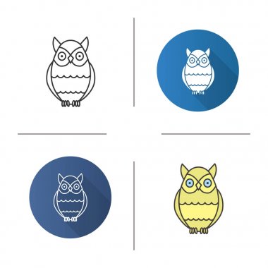 Baykuş simgesi. Tasarım, doğrusal düz ve stilleri renk. Bilgelik amblemi. İzole vektör çizimler
