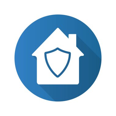 Muhafızları düz tasarım uzun gölge glif simgesi. House ile kalkan içinde. Özel mülkiyet koruma altında. Vektör siluet çizimi