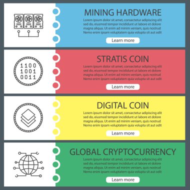 Cryptocurrency web afiş şablonları ayarlayın. Madencilik donanım, dijital sikke, stratis, küresel cryptocurrency. Web sitesi menü öğeleri ile doğrusal kutsal kişilerin resmi. Vektör üstbilgileri kavramları tasarım