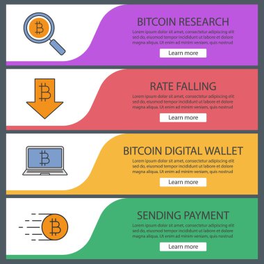 Bitcoin web afiş şablonları ayarlayın. Bitcoin arama, oranı düşen, dijital cüzdan, ödeme. Web sitesi renk menü öğeleri. Vektör üstbilgileri kavramları tasarım