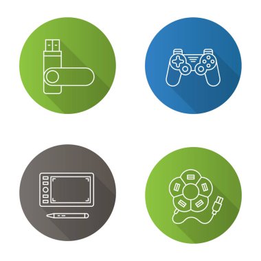 Becerikli alet düz doğrusal uzun gölge Icons set. USB hub'ına, bellek sopa, gamepad, grafik tablet. Vektör anahat çizim