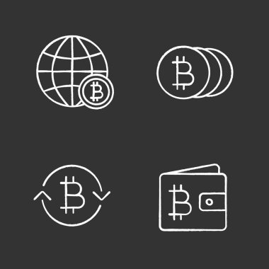 Bitcoin tebeşir simgeler kümesi. Küresel bitcoin, m-cüzdan, exchange, paralar. İzole vektör kara tahta çizimler