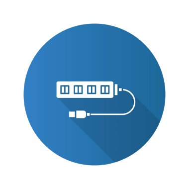 USB hub düz tasarım uzun gölge glif simgesi. Çok tak. Vektör siluet çizimi