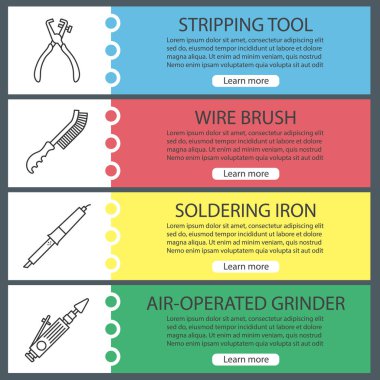 Afiş şablonlar kümesi web inşaat araçları. Tel fırça, havya, hava ile çalışan Vana değirmeni, aracı sıyırma. Web sitesi renk menü öğeleri ile doğrusal kutsal kişilerin resmi. Vektör üstbilgileri kavramları tasarım