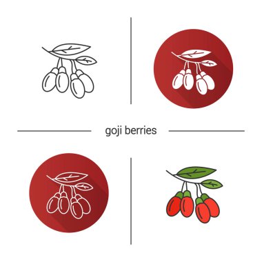 Taze goji meyveleri simgesi. Tasarım, doğrusal düz ve stilleri renk. Goji ağacı dalı. İzole vektör çizimler