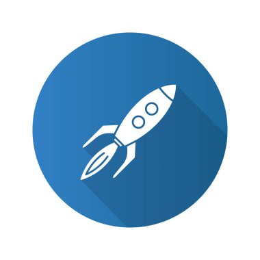 Oyuncak roket düz tasarım uzun gölge glif simgesi. Uzay gemisi. Vektör siluet çizimi