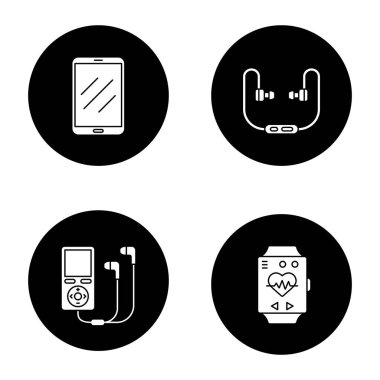 Becerikli alet glif simgeler kümesi. Tablet bilgisayar, kulaklık, mp3 çalar, spor bilezik. Vektör beyaz siyah daireler resimlerde siluetleri