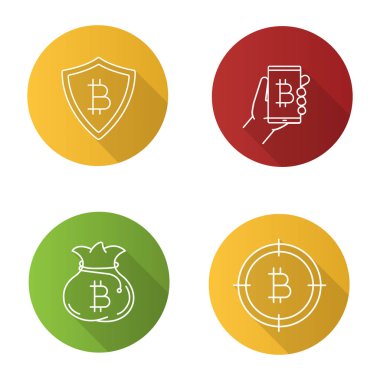 Bitcoin düz doğrusal uzun gölge simgeler kümesi. Cryptocurrency. Güvenli ödeme, dijital cüzdan, para çantasını, bitcoin için arama. Vektör anahat çizim