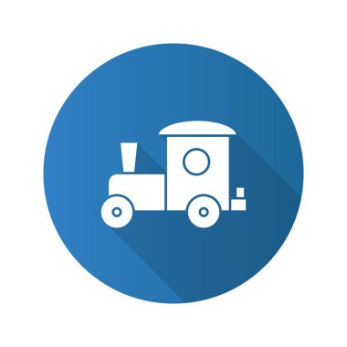 Oyuncak tren yassı tasarım uzun gölge glif simgesi. Vektör siluet çizimi