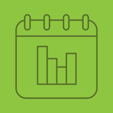 Takvim istatistikleri doğrusal simgesi. Takvim sayfası istatistikleri diyagramı ile. İnce çizgi seviyelendirme simgelerini renkli arka plan üzerinde. Vektör çizim