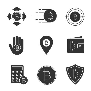 Bitcoin glif simgeler kümesi. Cryptocurrency siluet simgeler. Harcama, arama, gönderme ödeme, Atm konumu, cüzdan, koruma, sikke, hesaplamalar Bitcoin. İzole vektör çizim