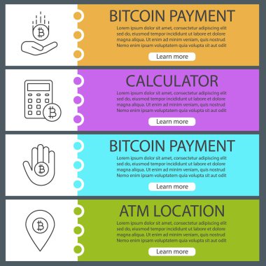 Bitcoin web afiş şablonları ayarlayın. Bitcoin ödeme, hesaplama, Atm konum. Web sitesi renk menü öğeleri ile doğrusal kutsal kişilerin resmi. Vektör üstbilgileri kavramları tasarım